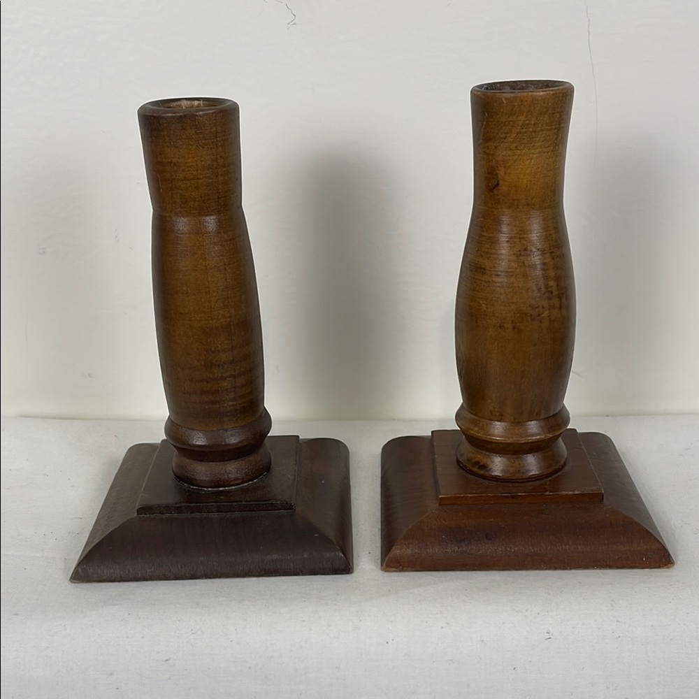 Vintage Wooden Candle Sticks Tapers Square Base Short Ardco Mid Century
